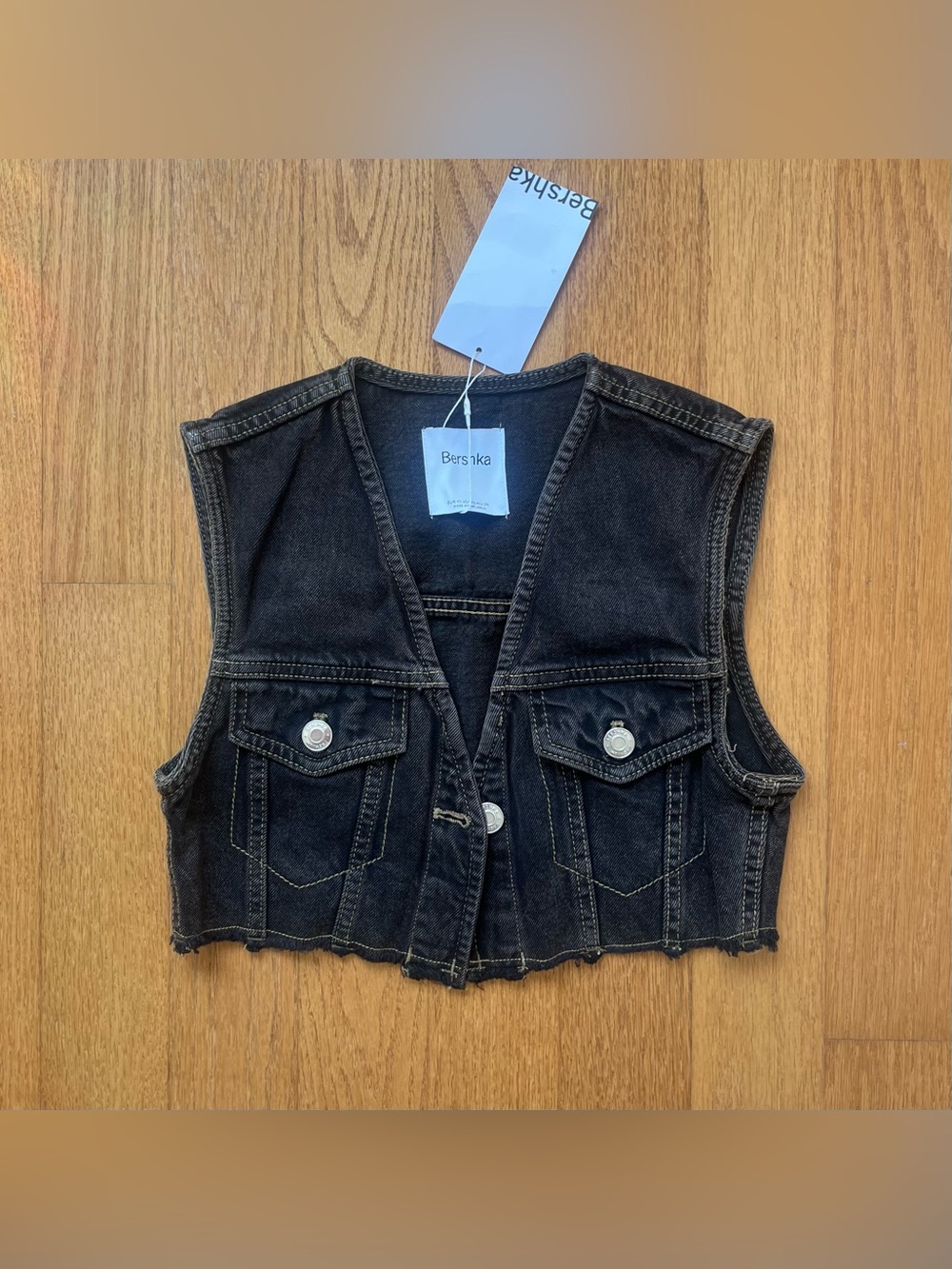 Bershka cropped black denim vest in XS